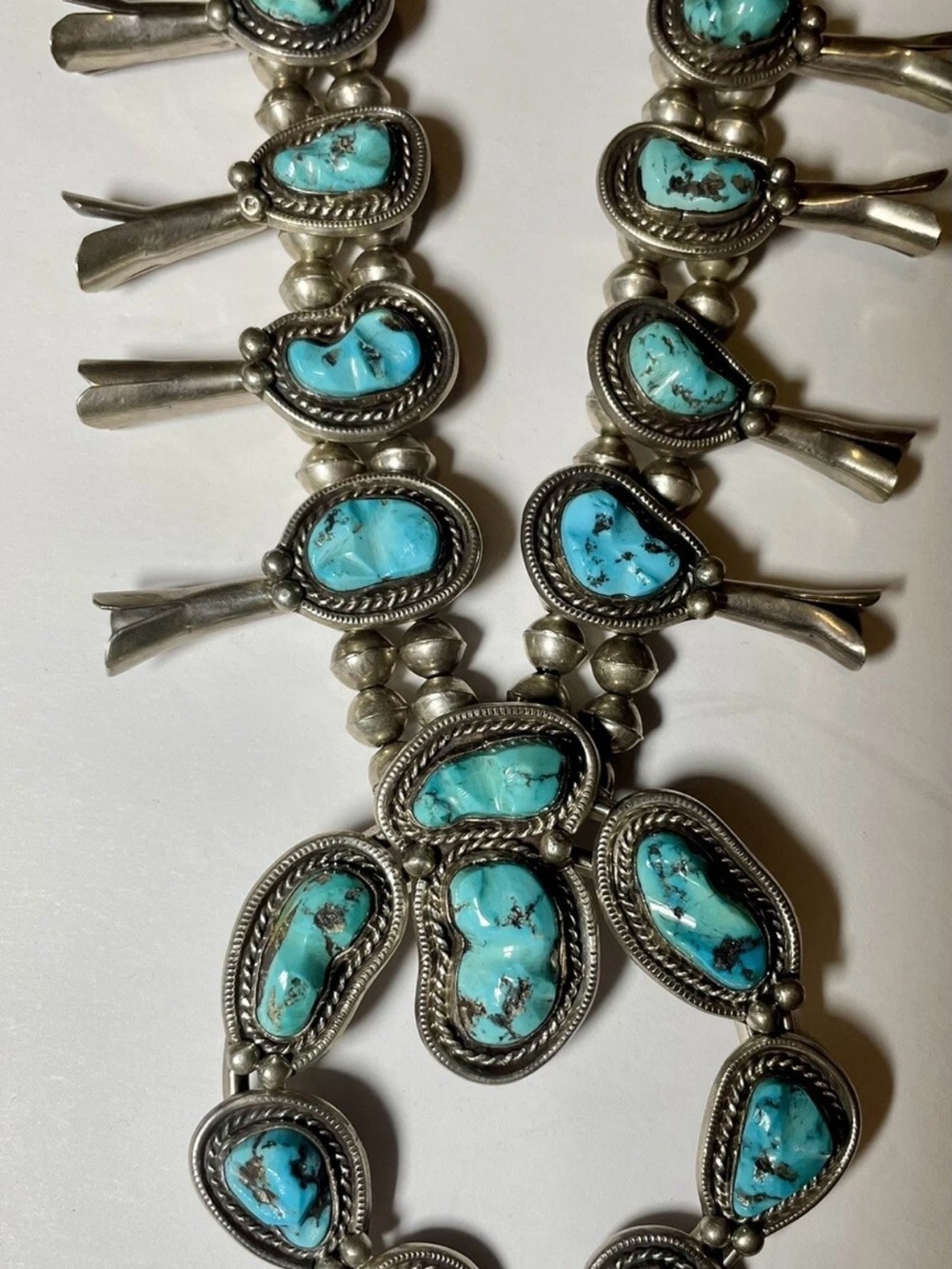 STERLING SILVER Natural KINGHAM Turquoise NAVAJO Squash Blossom Necklace 1960’s